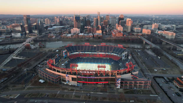 A general overall aerial view of Nissan Stadium and the downtown skyline.